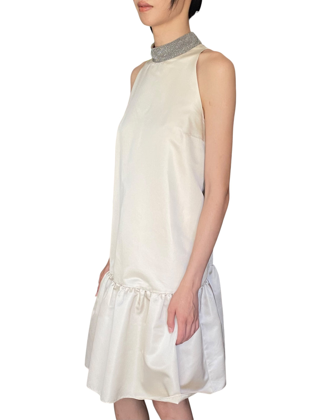 Brunello Cucinelli Ivory Monili Neck Satin Ruffle Dress - XL