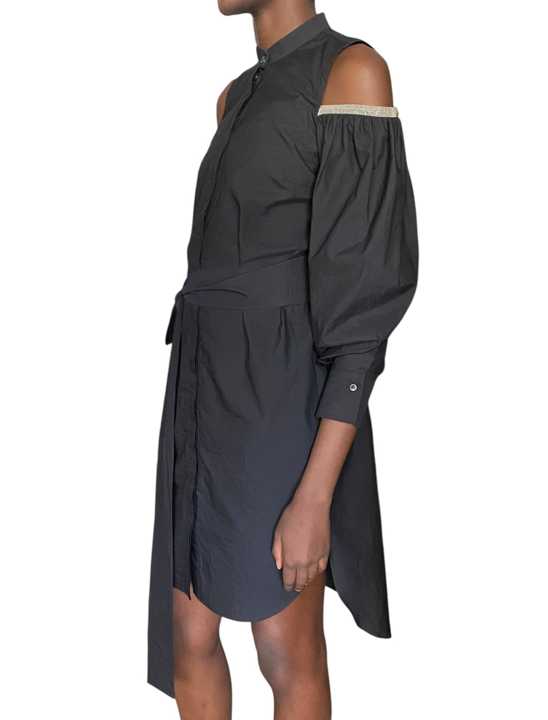 Brunello Cucinelli Crinkled Cotton Exposed Shoulder Belted Shirt Dress - S