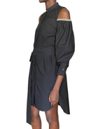 Brunello Cucinelli Crinkled Cotton Exposed Shoulder Belted Shirt Dress - S