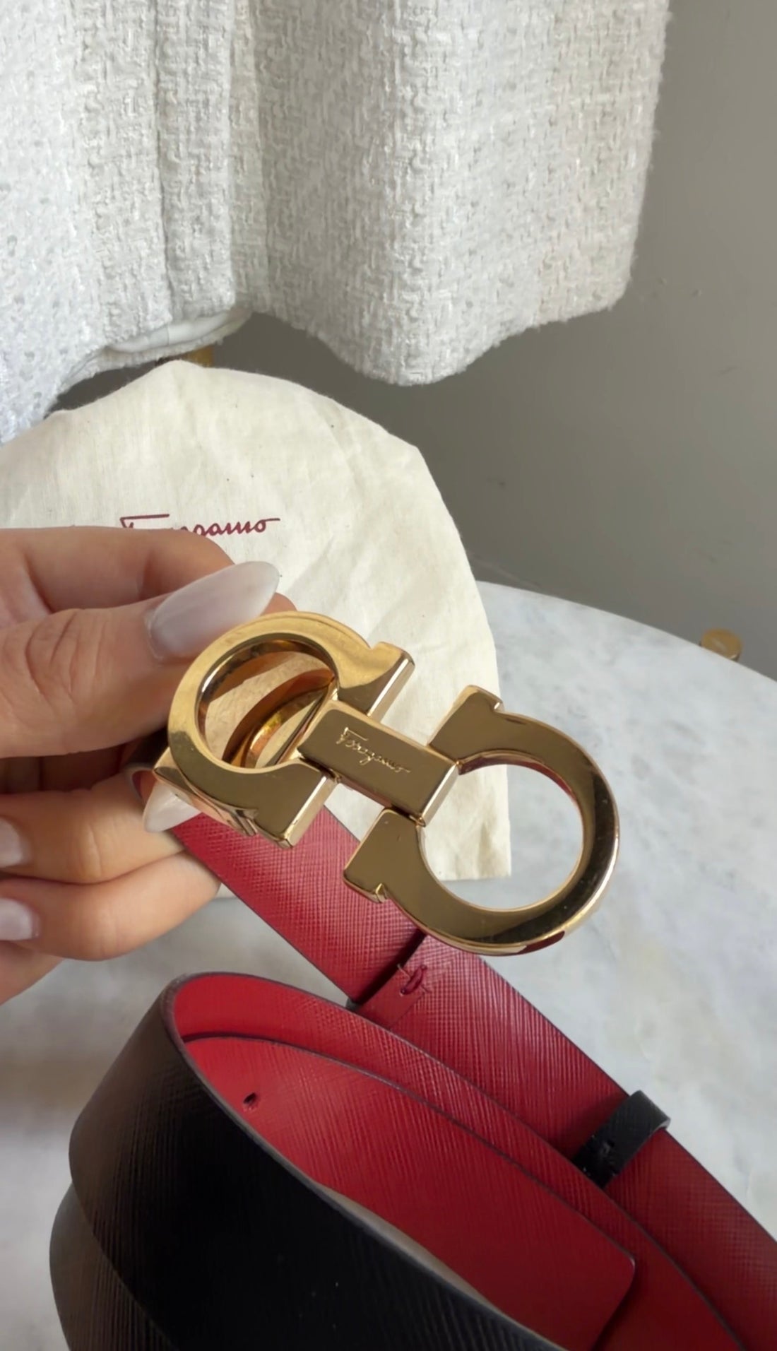 Ferragamo Red Black Reversible Leather Goldtone Gancini Buckle Belt -  100