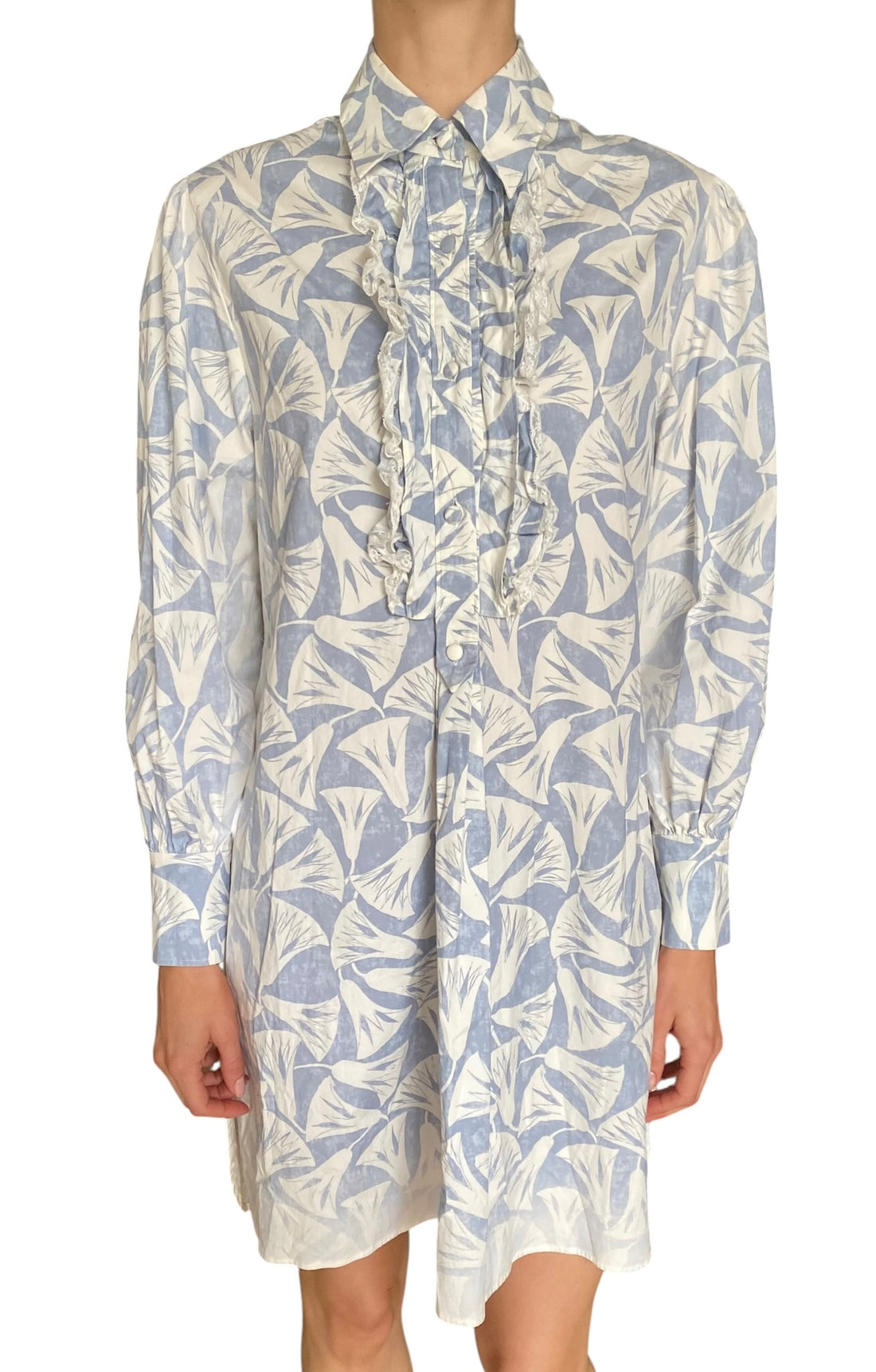 Prada Blue Cotton Papyrus Motif Ruffle Mini Dress - IT 38 / US 4