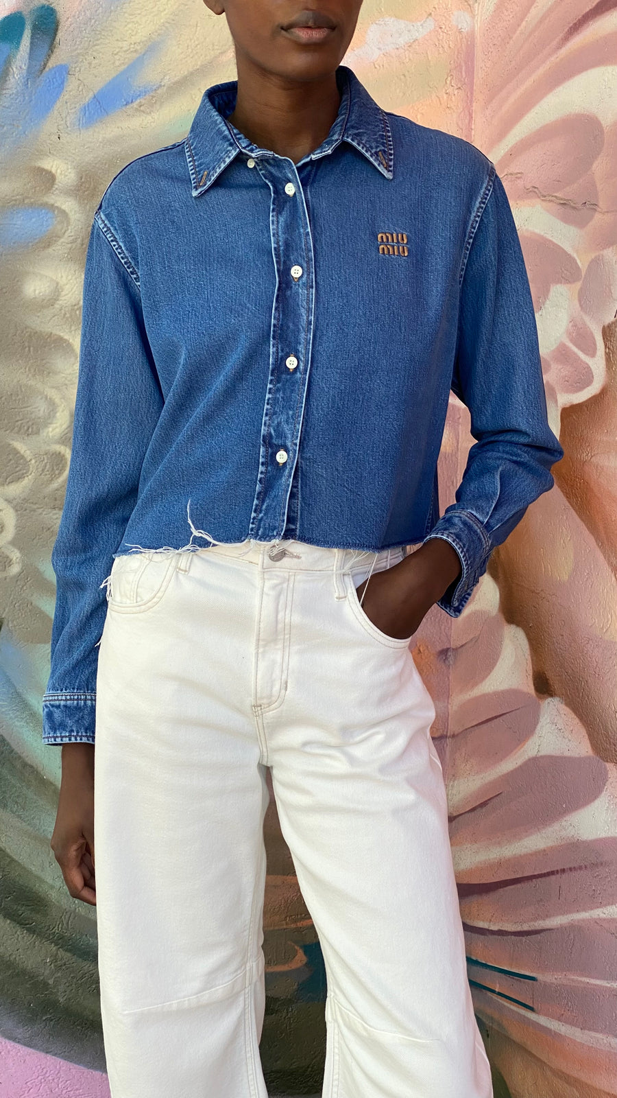 Miu Miu Blue Logo Embroidered Cropped Denim Shirt - IT 40 / US 4-6