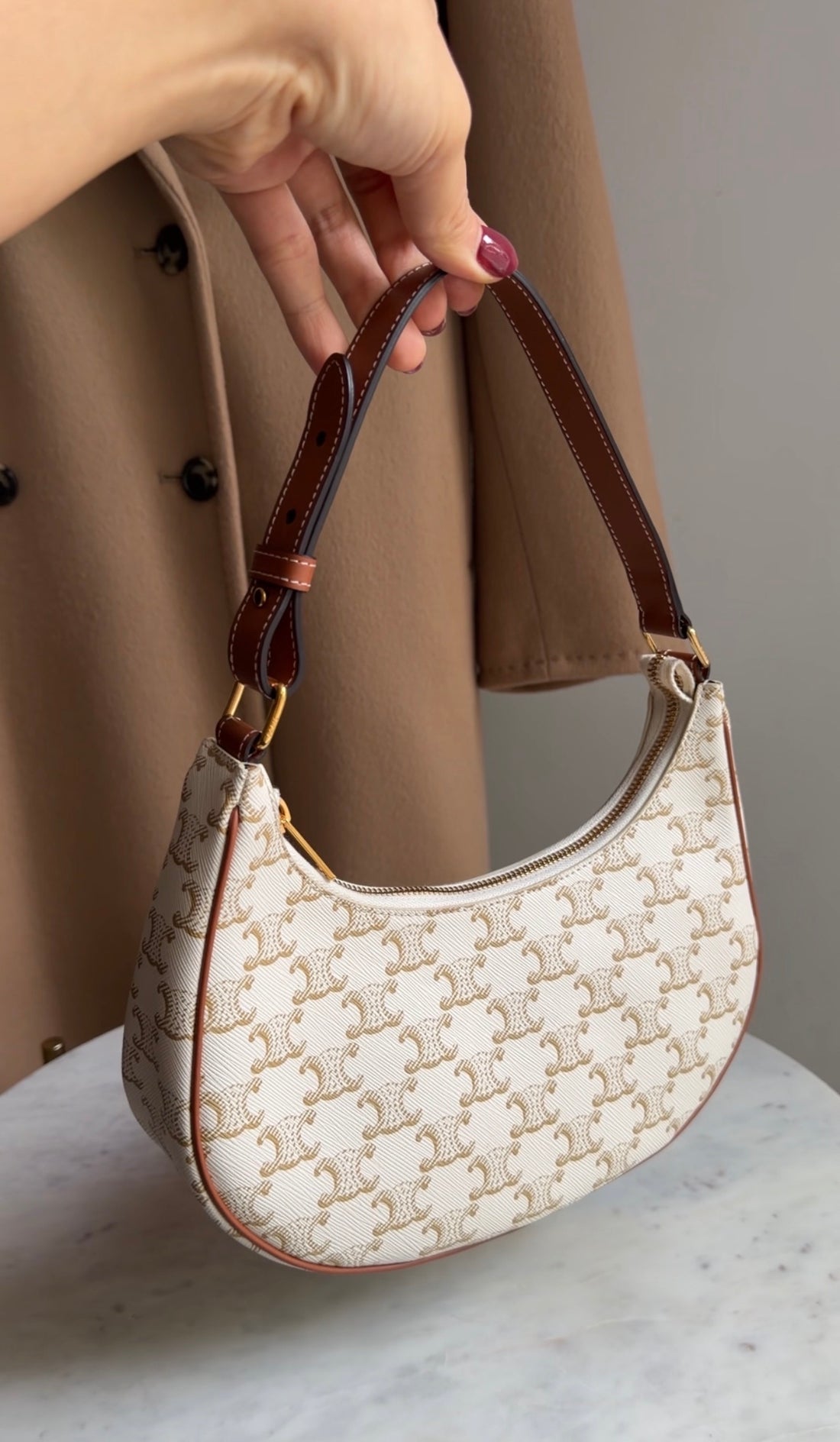 Celine Brown White Ava Medium Triomphe Coated Canvas Shoulder Bag