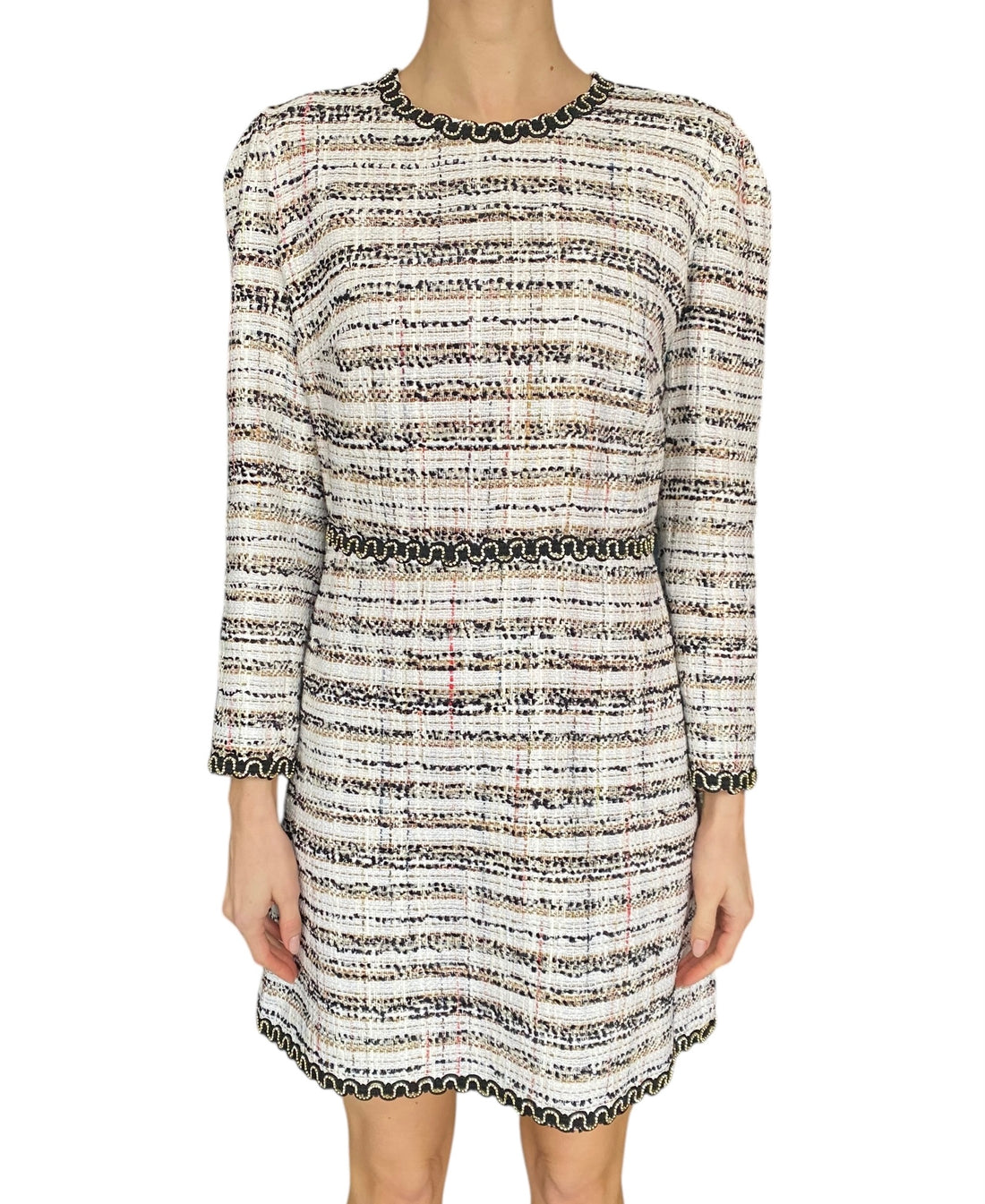 Giambattista Valli White Crystal Trim Tweed Long Sleeve Dress - IT 44 / US 8