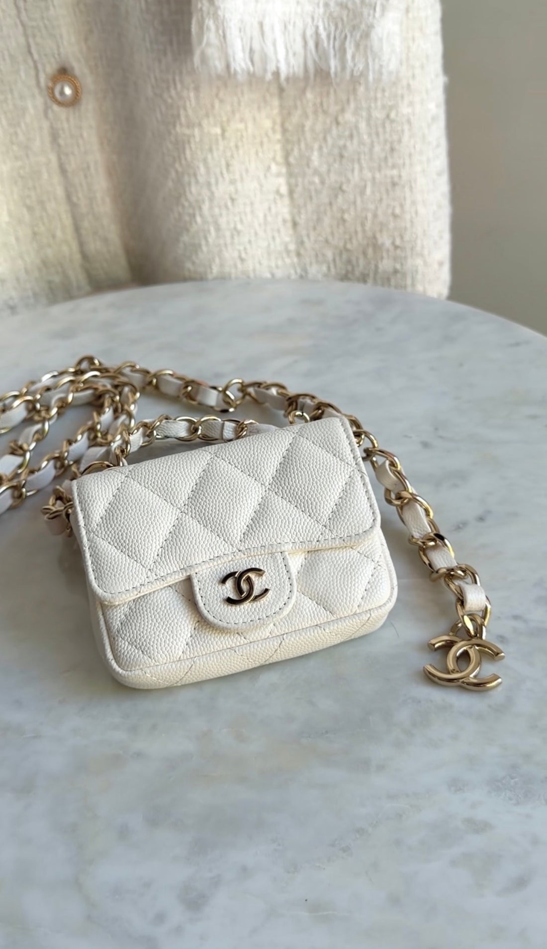 Chanel White Caviar Quilted Leather Mini Flap Belt Bag