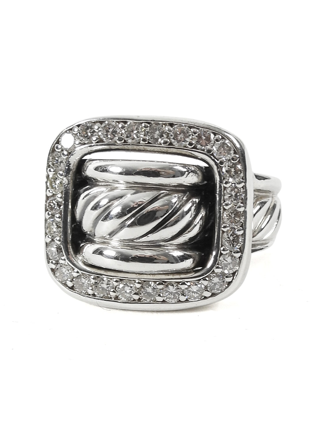 David Yurman Sterling Silver Diamond Cable Buckle Ring - 6