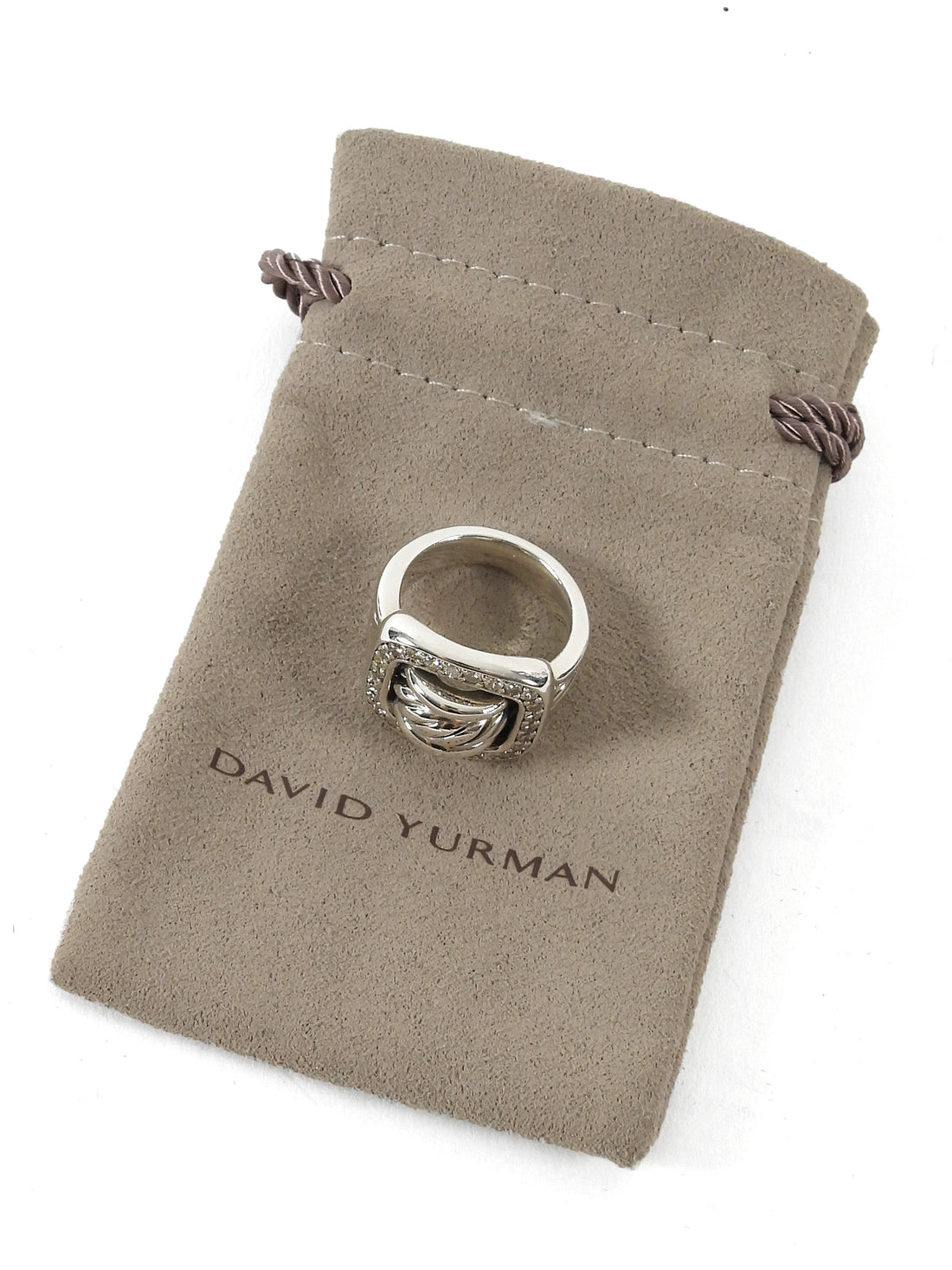 David Yurman Sterling Silver Diamond Cable Buckle Ring - 6