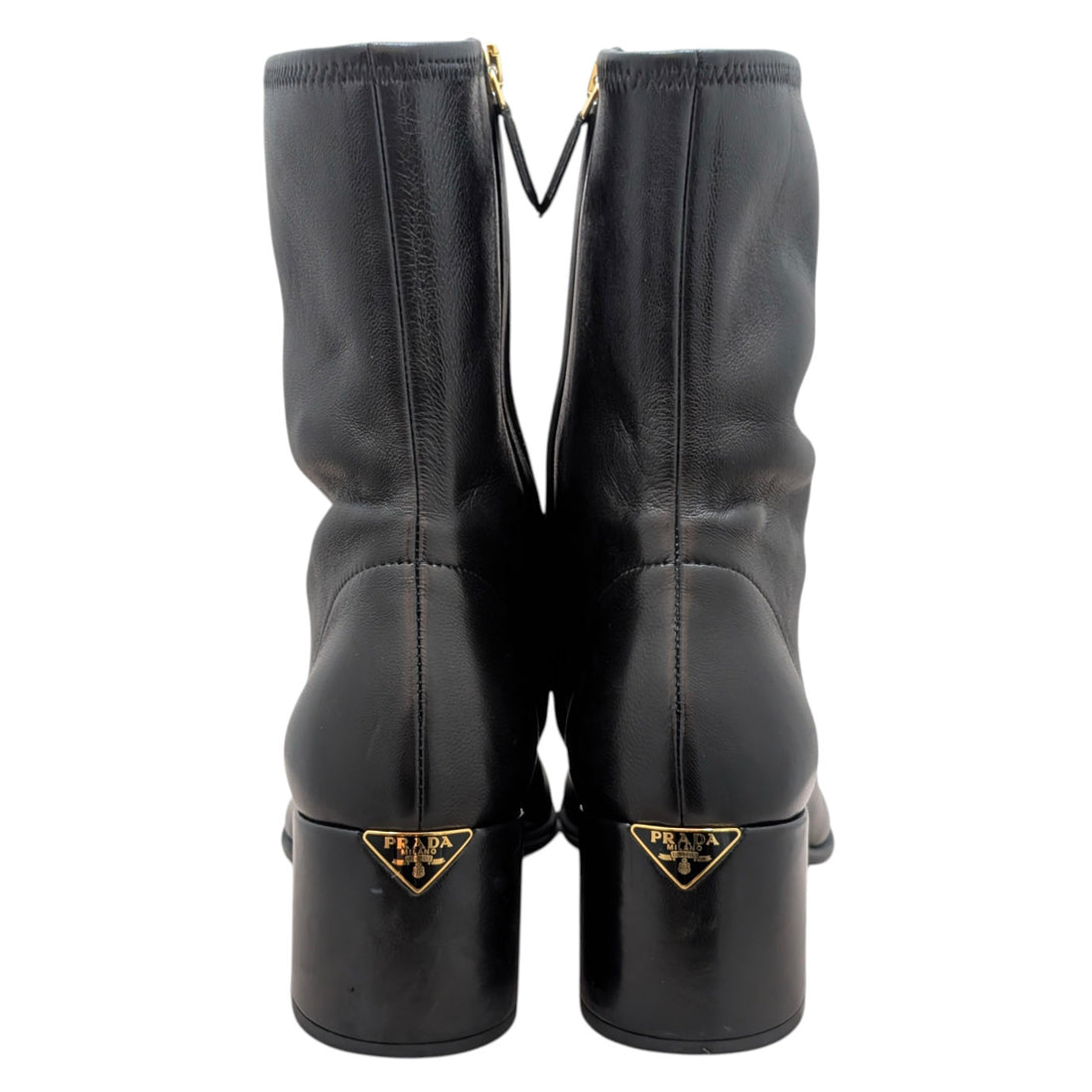 Prada Black Stretch Nappa Lambskin Triangle Logo Block Heel Boot - 37