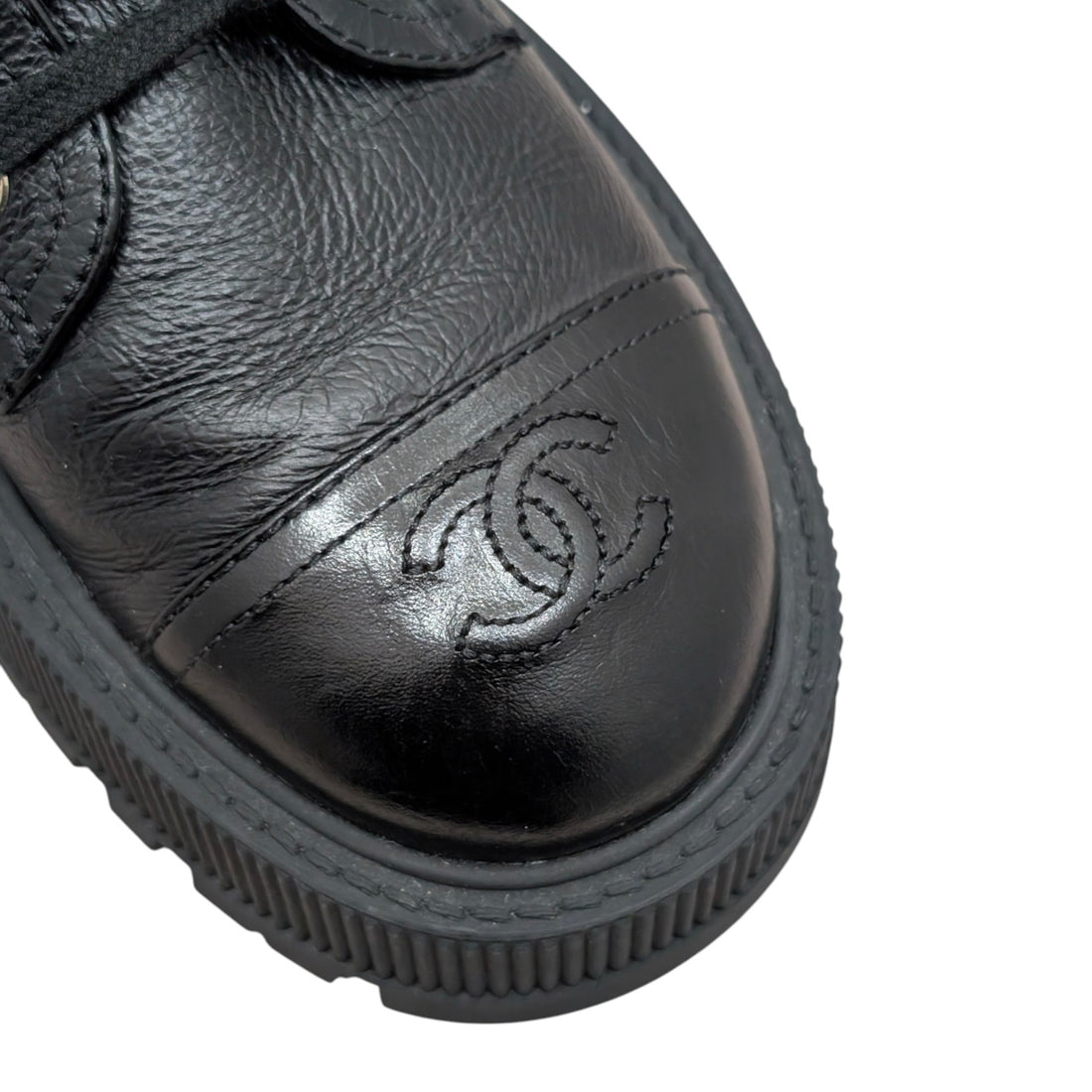 Chanel 23A Black Calfskin CC Cap-Toe Platform Combat Boot - 37