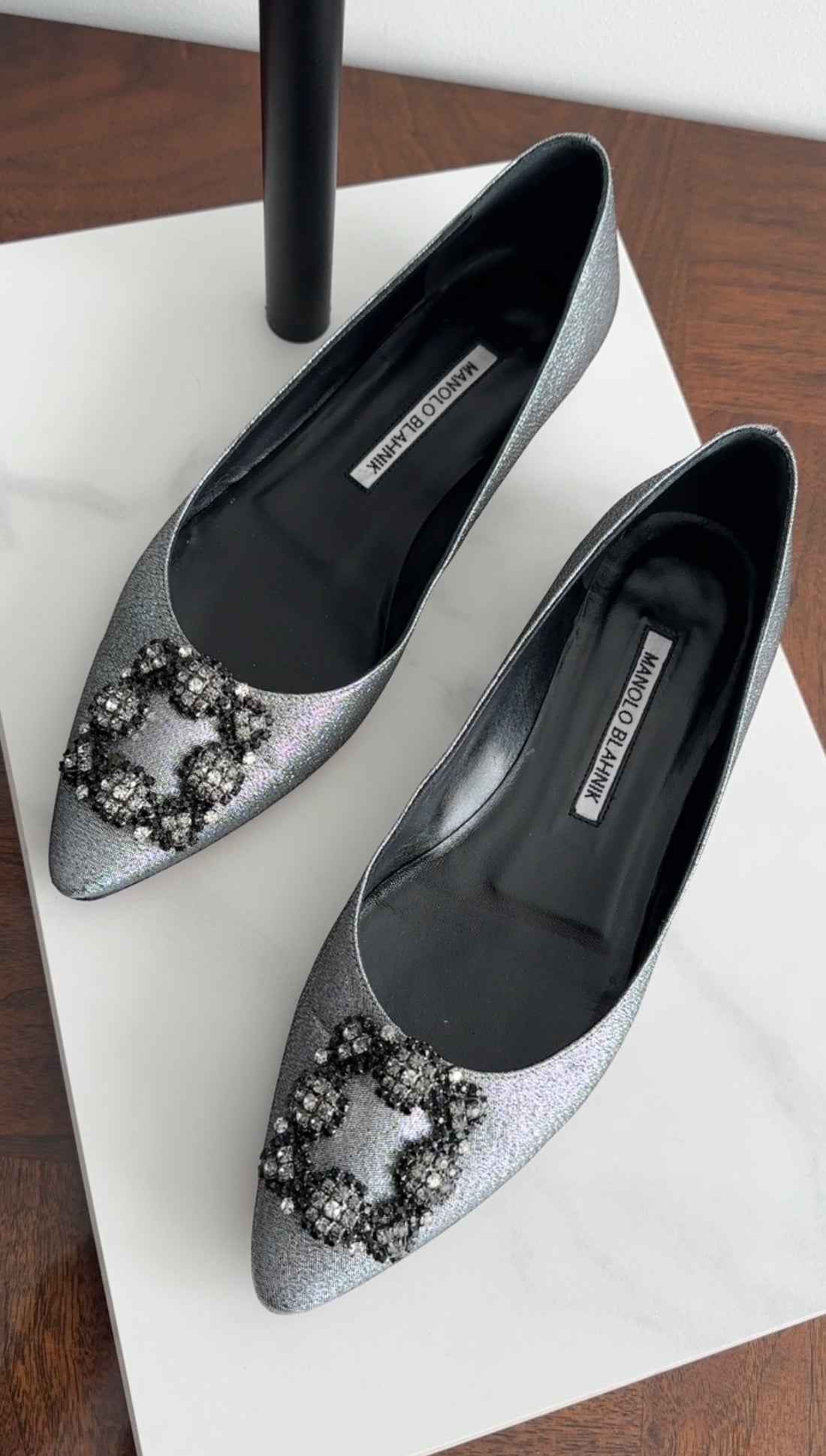 Manolo Blahnik Silver Metallic Hangisi Crystal Buckle Flats - 38