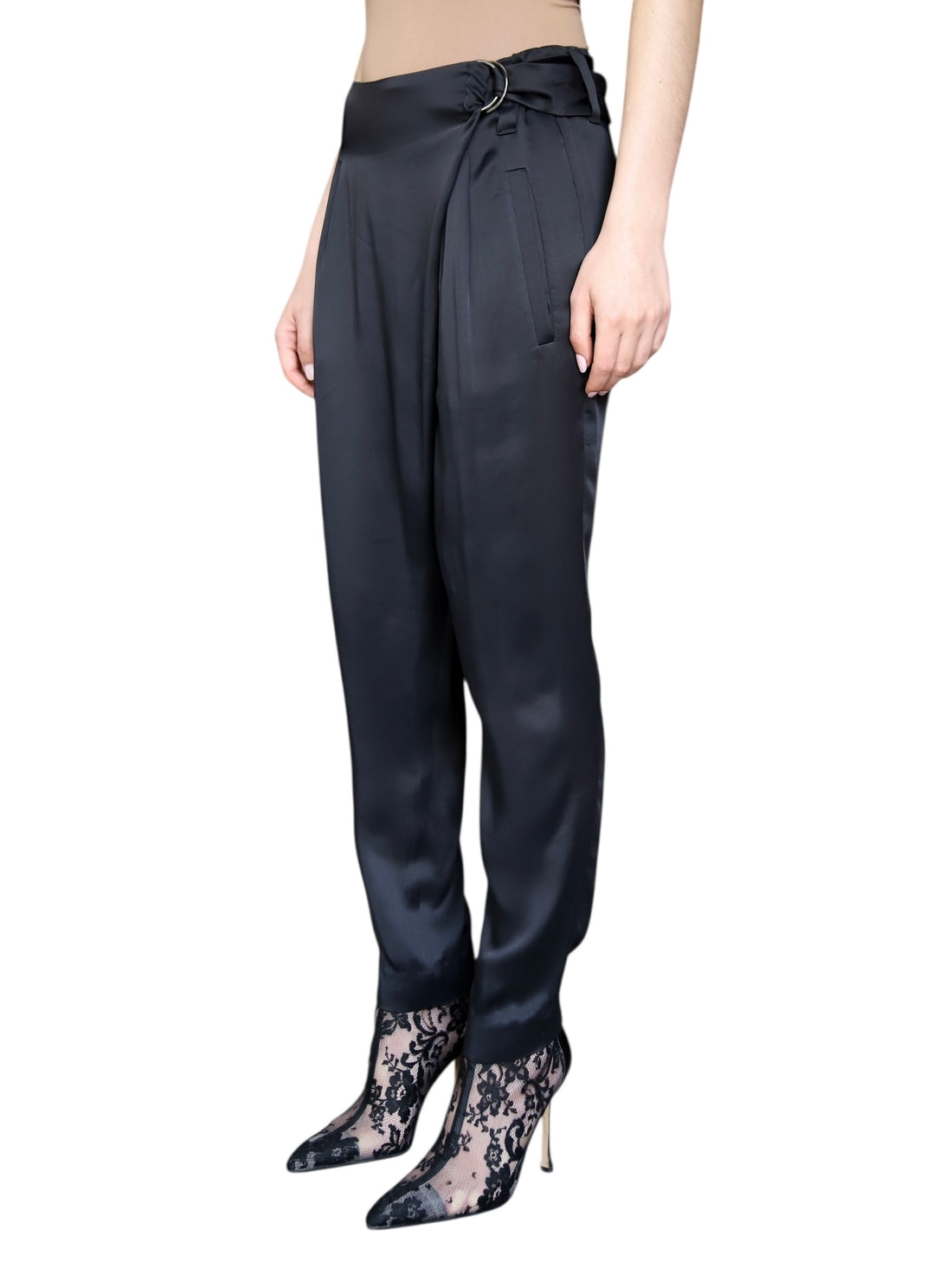 Brunello Cuncinelli Black Satin Wrap Waist Trousers - IT 42 / US 6