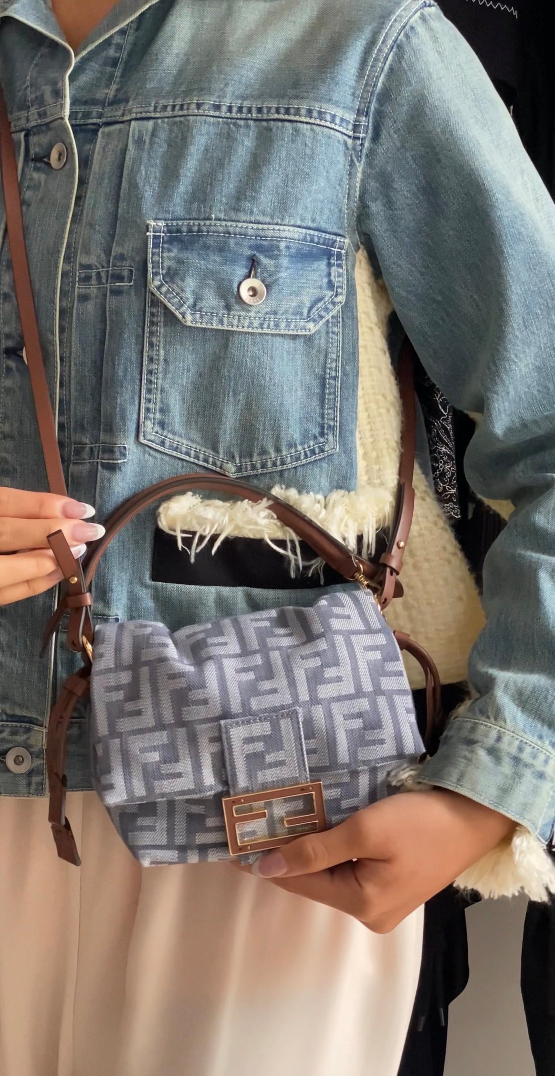 Fendi Blue Denim FF Jacquard Mamma Baguette Small Two Way Bag Small