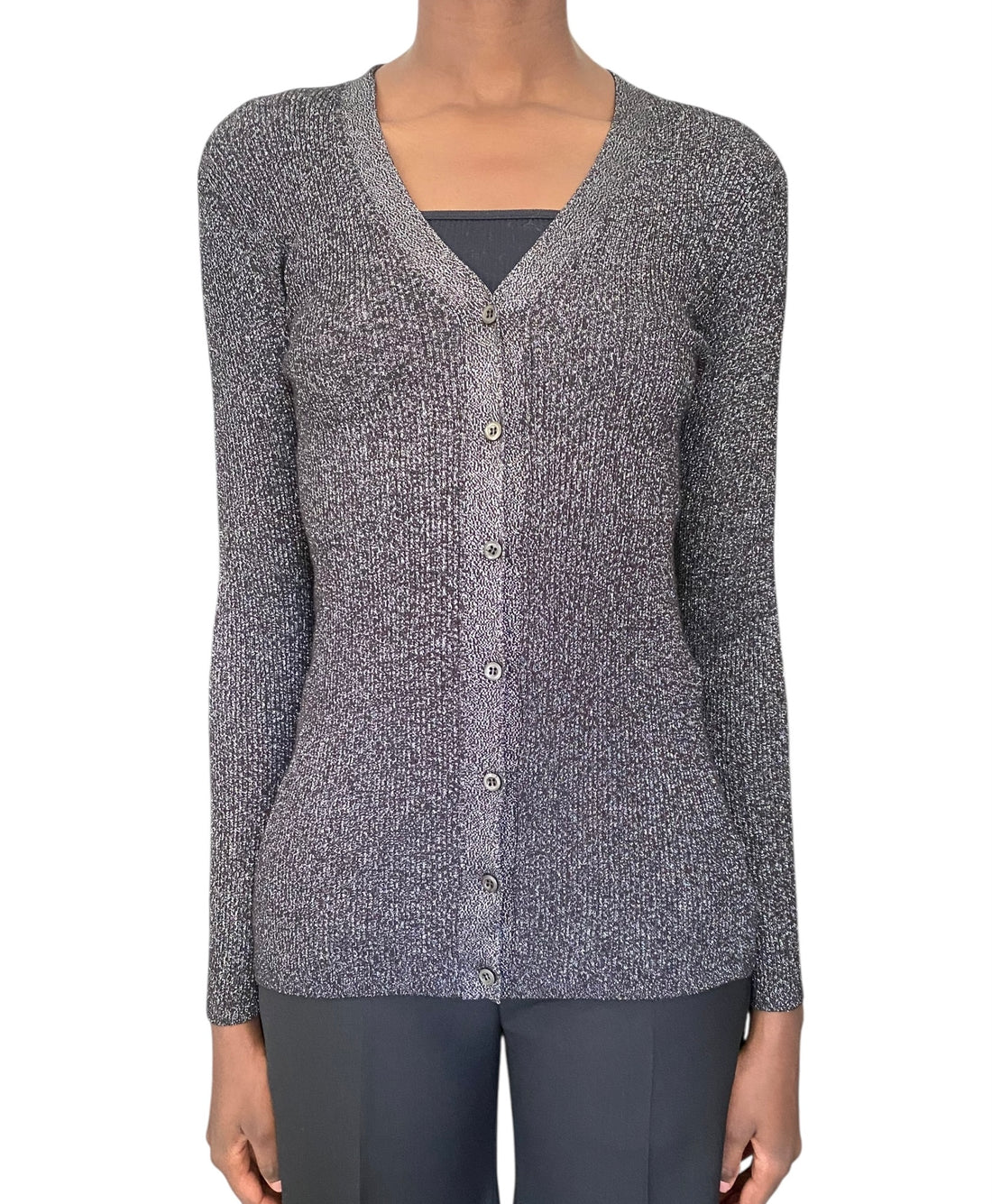 Prada Silver Metallic Ribbed Knit Cardigan - S / M