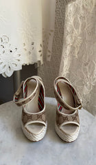 Gucci White Beige Monogram Canvas Rope Wedge Sandals - 36