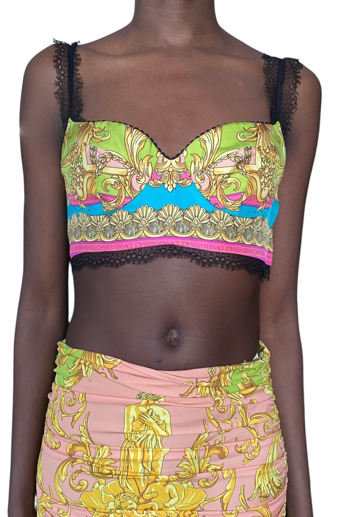 Versace Pink & Green “Borocco Goddess” 2-Piece Silk Bralette / Skirt Set - 40 / US 4