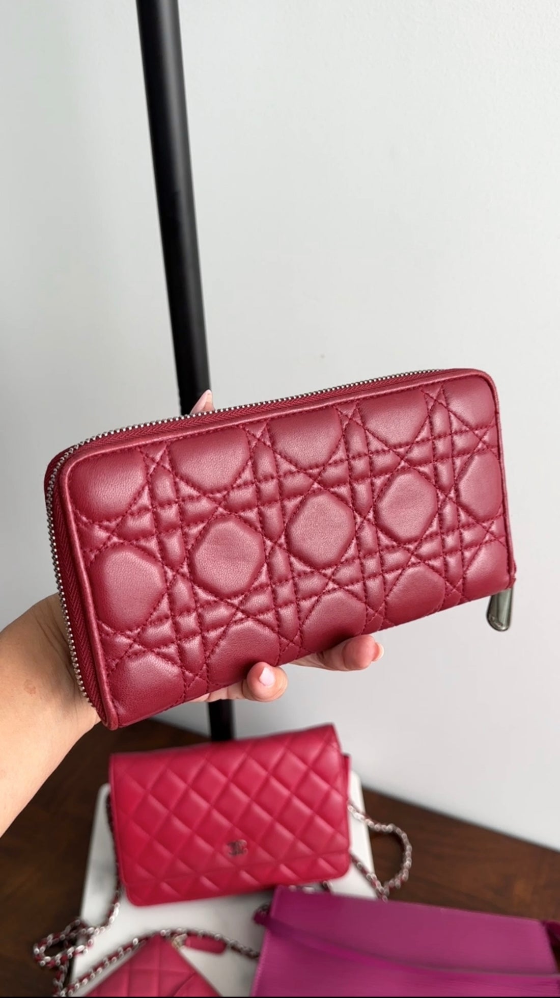 Dior Dark Red Lambskin Cannage Quilted Continental Zip Wallet