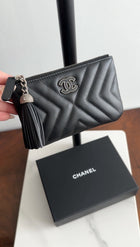 Chanel Black Leather Chevron Tassel Mini Zip Pouch