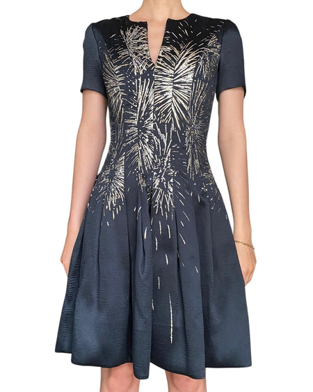Oscar De La Renta Navy Pleated Metallic Jacquard Mini Dress - 0