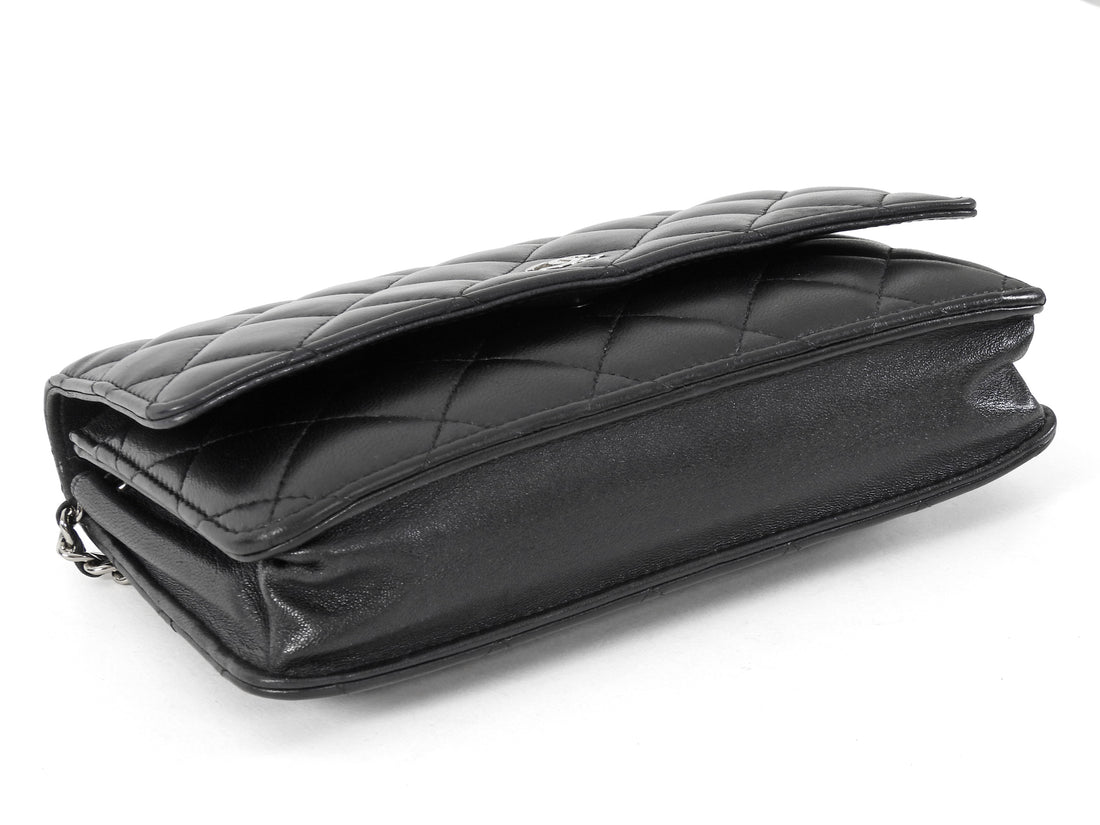 Chanel Black Black Lambskin Leather CC Classic Wallet on Chain SHW