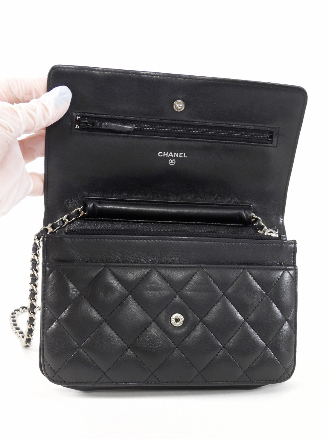 Chanel Black Black Lambskin Leather CC Classic Wallet on Chain SHW