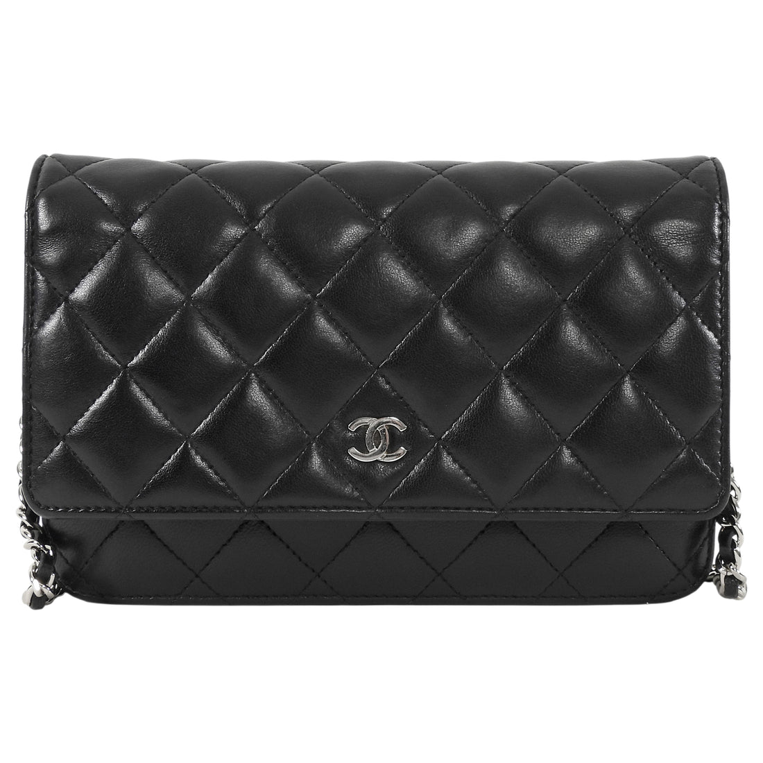 Chanel Black Black Lambskin Leather CC Classic Wallet on Chain SHW