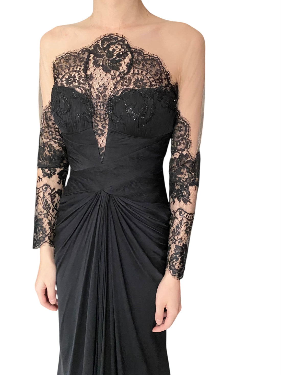 PAVONI Black Sheer Silk Chiffon / Illusion Lace Ruched Evening Gown
