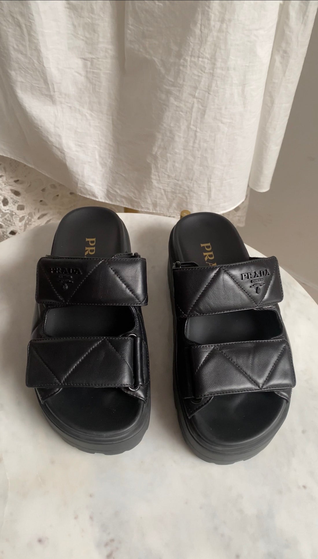 Prada Black Quilted Leather Double Strap Platform Slides - 35.5 (fits 37)