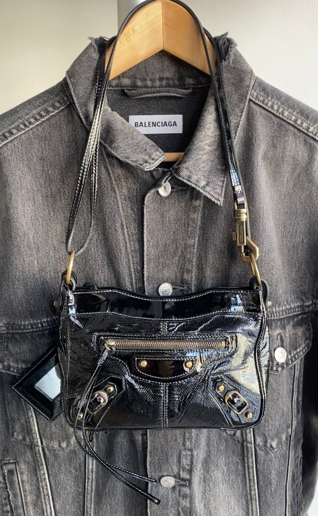 Balenciaga Black Textured Patent Le City Moto Classic Shoulder Pouch on Strap