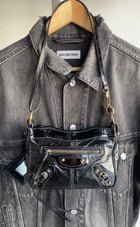 Balenciaga Black Textured Patent Le City Moto Classic Shoulder Pouch on Strap