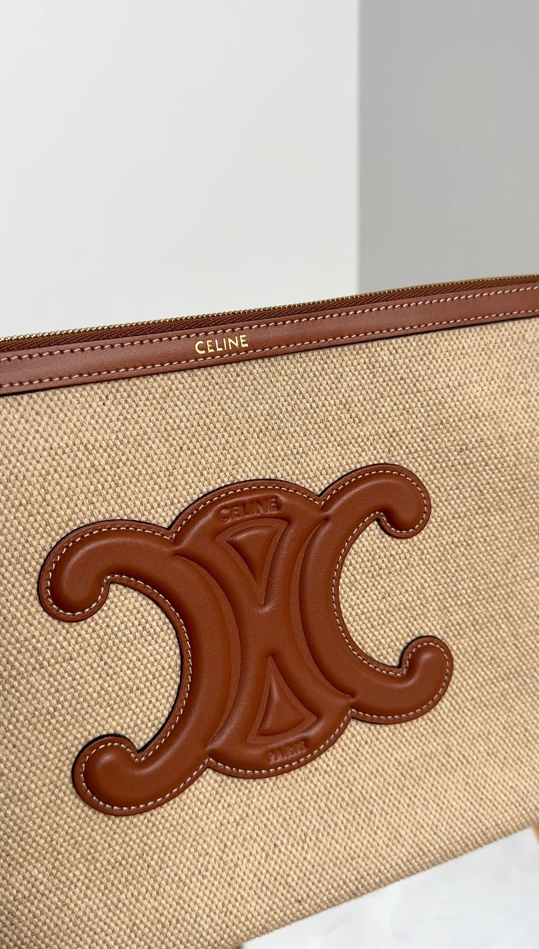 Celine Canvas and Tan Leather Triomphe Zip Pouch Clutch Bag