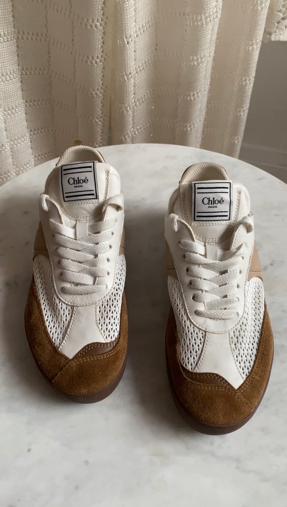 Chloe White Brown Mesh Suede Combo Low Top Kick Sneakers - 37