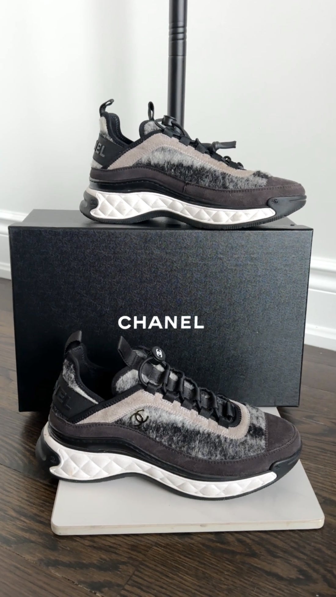 Chanel Black and Grey Felt Trainer Sneakers - 36.5 / 6.5