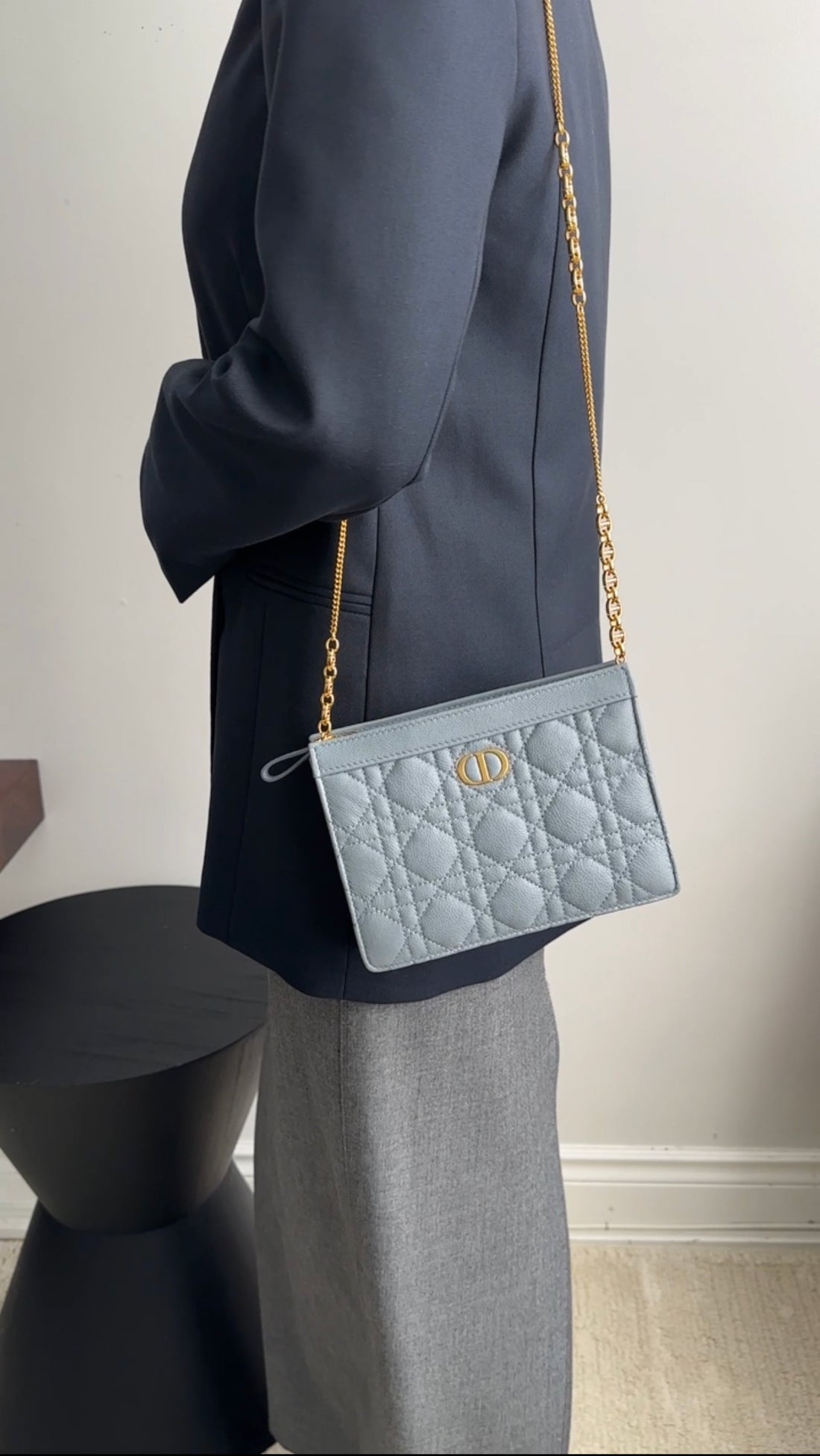 Christian Dior Cloud blue Quilted Leather Caro Every Dior Pouch on Chain