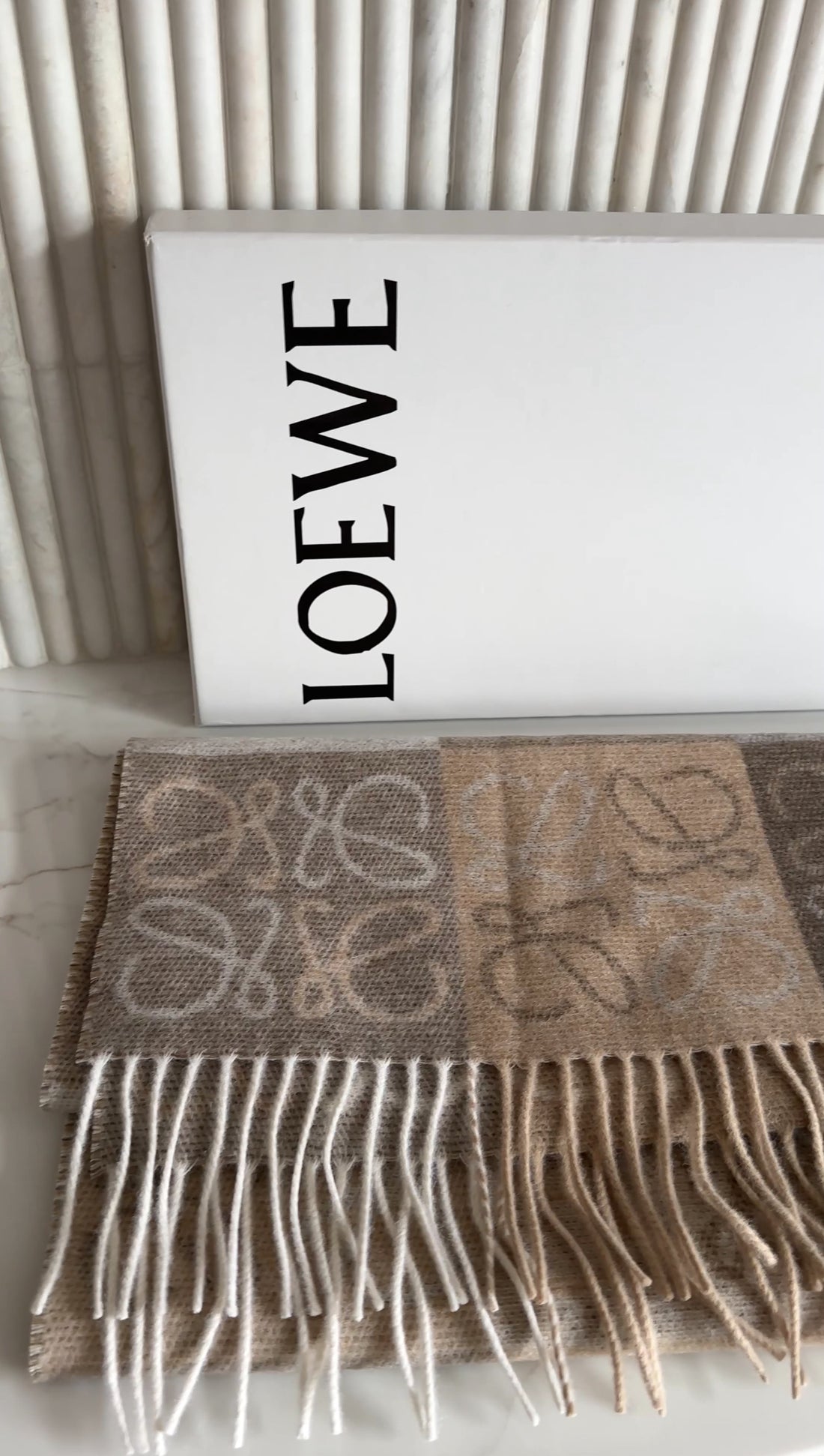 Loewe Taupe Brown Wool And Cashmere Checkerboard Anagram Scarf