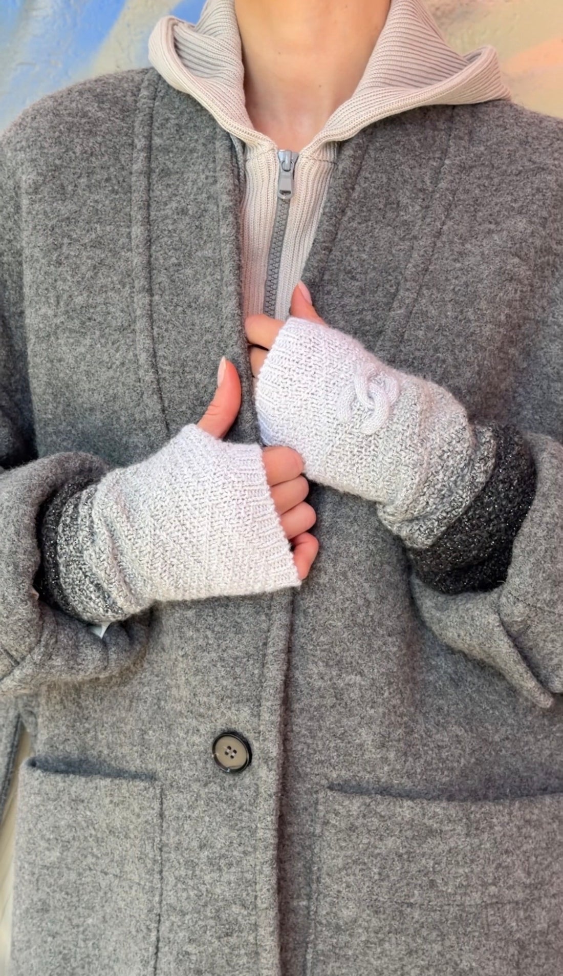 Chanel Grey Black Cashmere Blend Fingerless CC Ombre Gloves