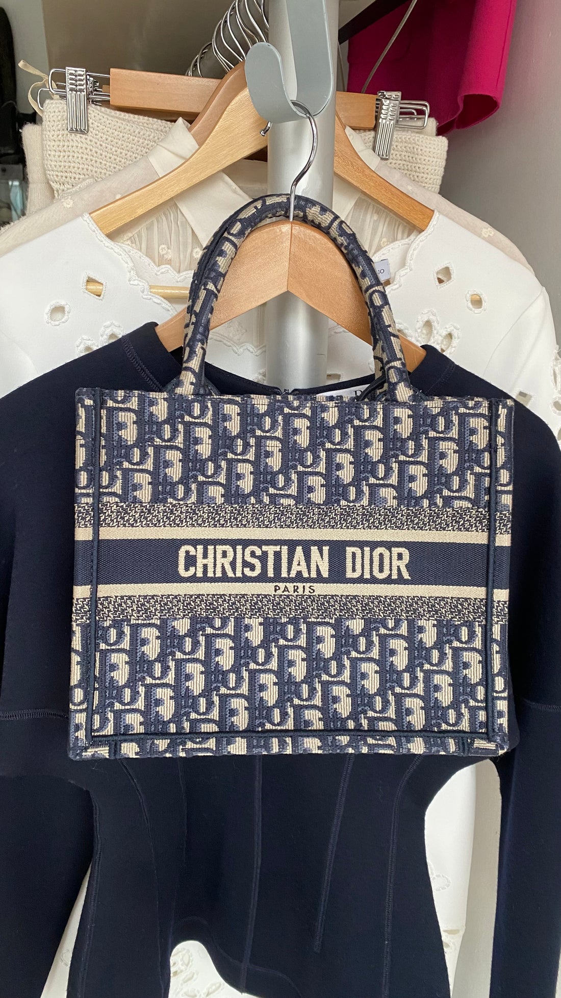 Christian Dior 2022 Navy and Ecru Oblique Monogram Canvas Small Book Tote