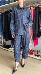 Giorgio Armani Navy Floral Printed Metallic Denim Long Sleeve Shirt - IT 44 / US 8-10