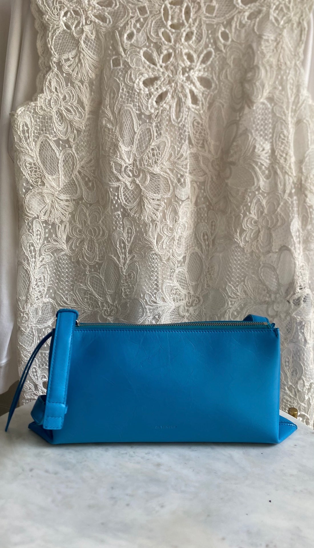 Jil Sander Turquoise Blue Aged Leather Empire Crossbody Small Zip Bag