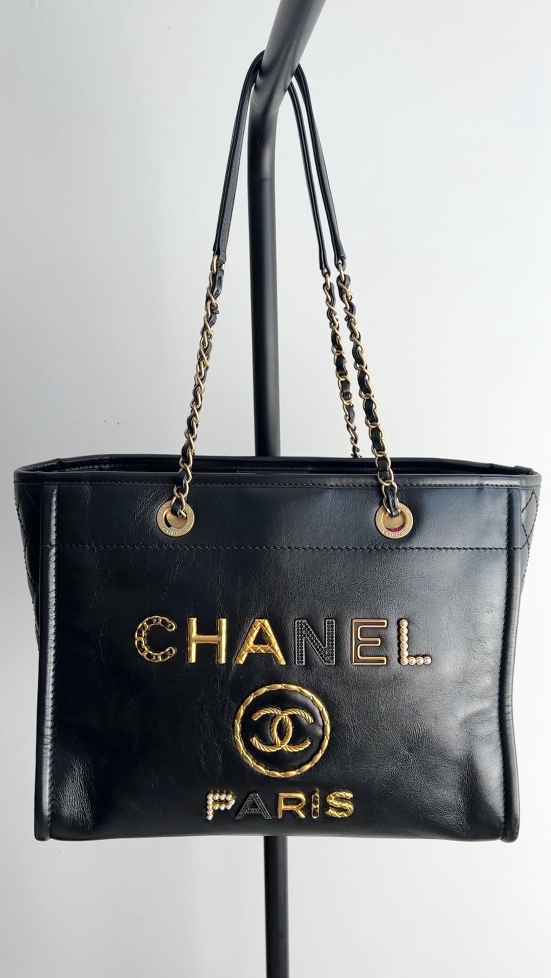 Chanel Black Leather Small Charms Deauville Tote Bag