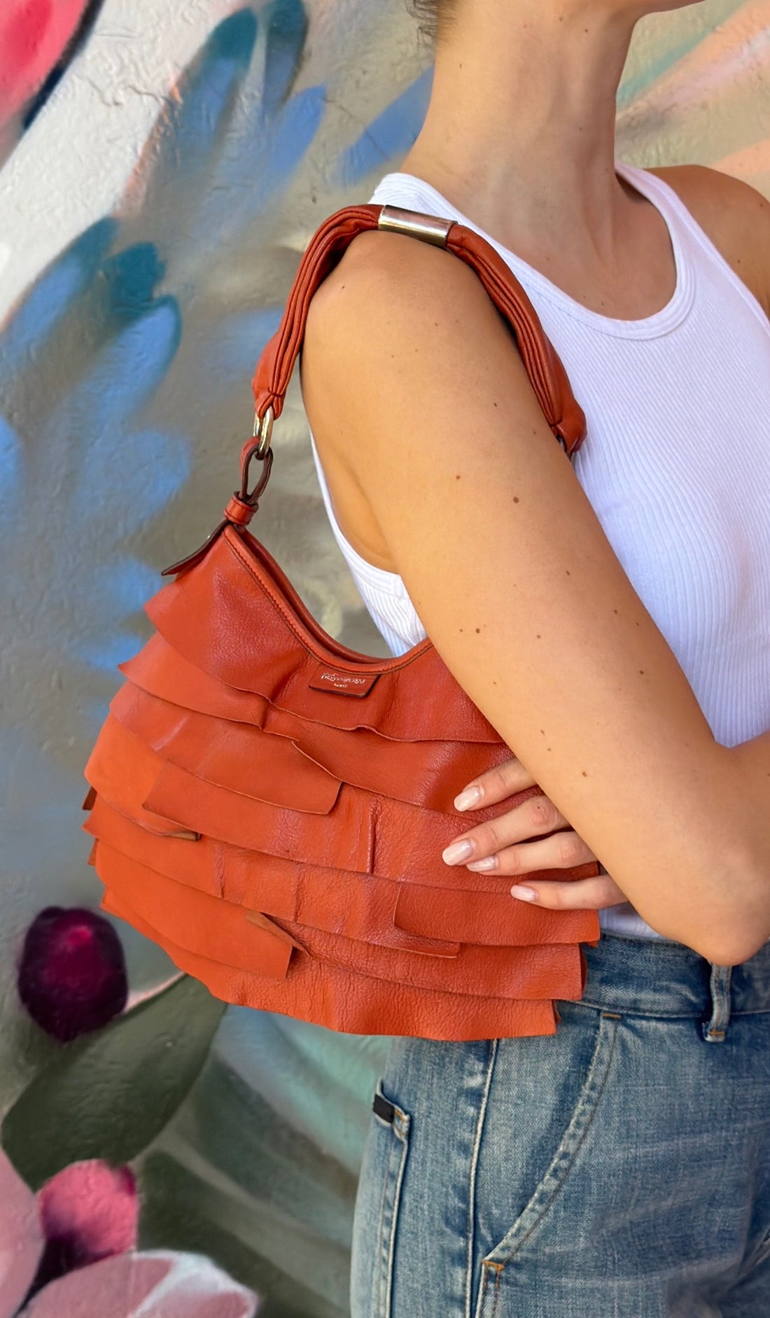 YSL Rive Gauche Burnt Orange Vintage SS2004 St Tropez Small Ruffle Leather Bag