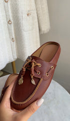 Ancient Greek Sandals Brown Naveta Leather Lace Up Boat Shoes Mules - 37