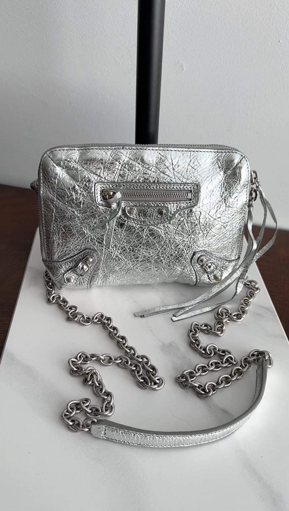 Balenciaga Silver Metallic Reporter Chain Crossbody Bag