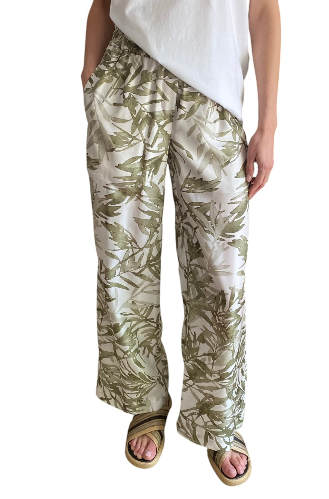 Brunello Cucinelli Green Silk Olive Print Wide Leg Trousers - S / US 6