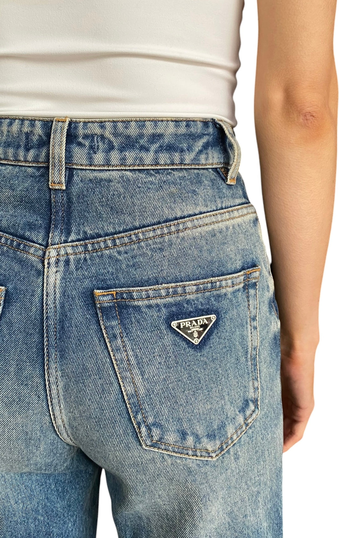Prada Blue High Waisted Wide Leg Logo Jeans - W25