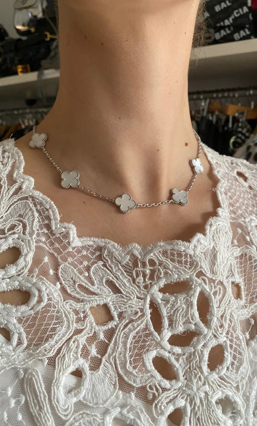 Van Cleef & Arpels Vintage Alhambra 10 Motif 18K White Gold Mother of Pearl Necklace