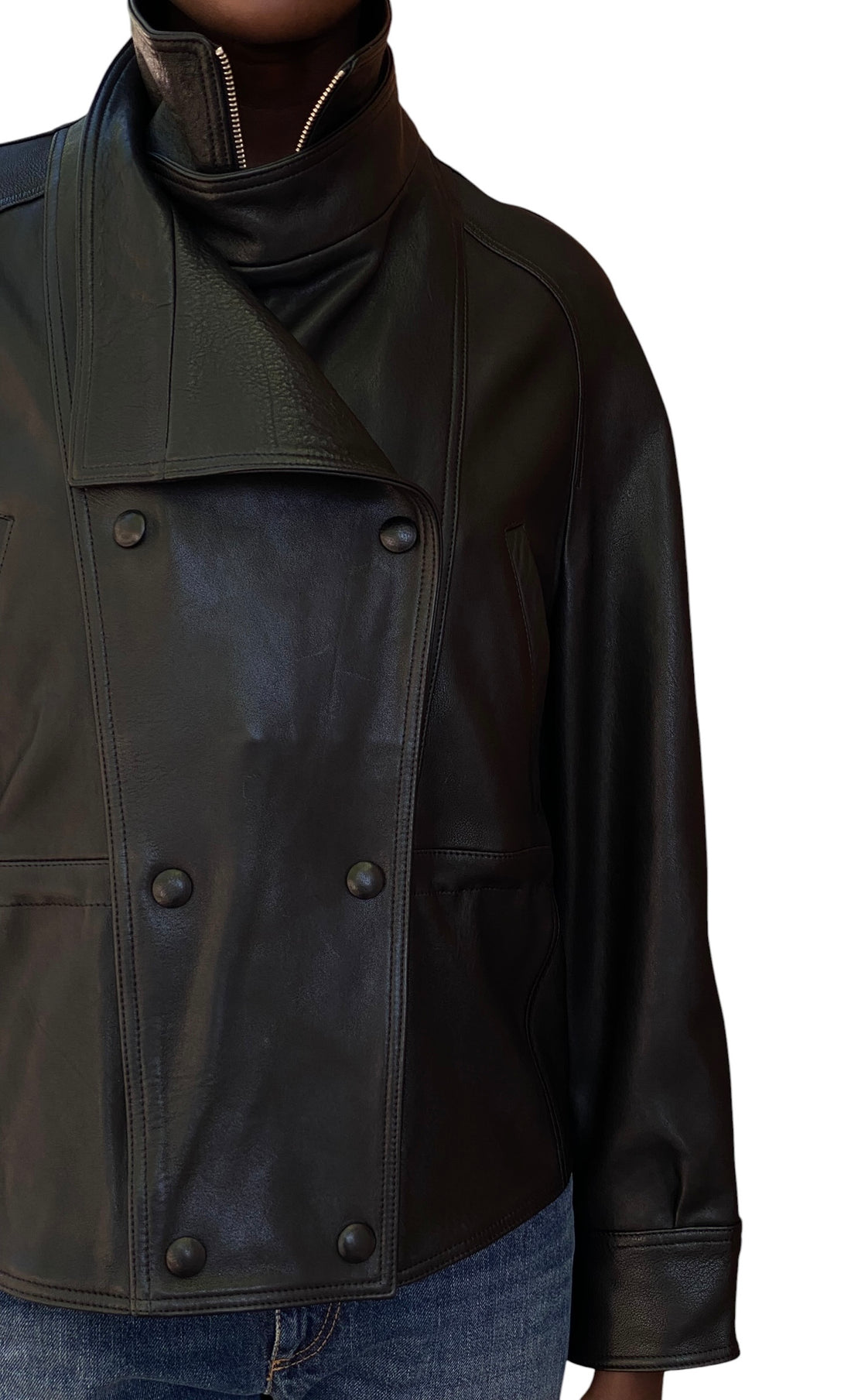 Nour Hammour Black “Thalia”Cropped Leather Bomber Jacket - S / US 4-6