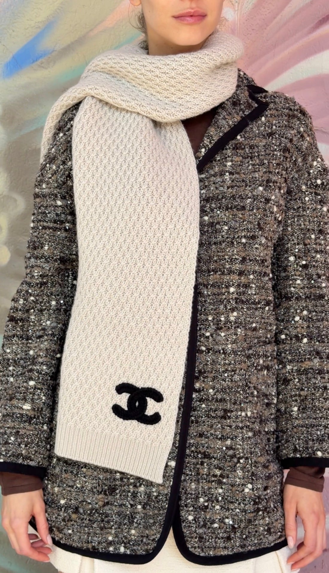 Chanel Oatmeal Beige Cashmere CC Logo Stole Scarf