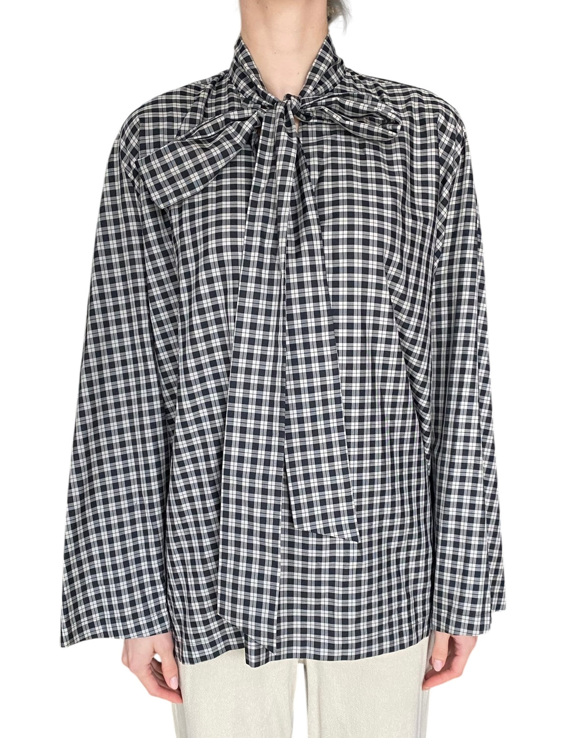 Balenciaga Black Checked Scarf Neck Cocoon Long-Sleeve Blouse- 36 / US 2-4