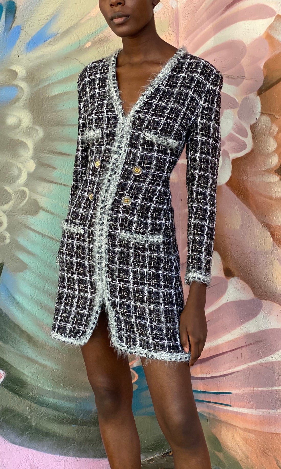 Giambattista Valli Grey Tweed Logo Button Long Sleeve Short Dress -  IT 44