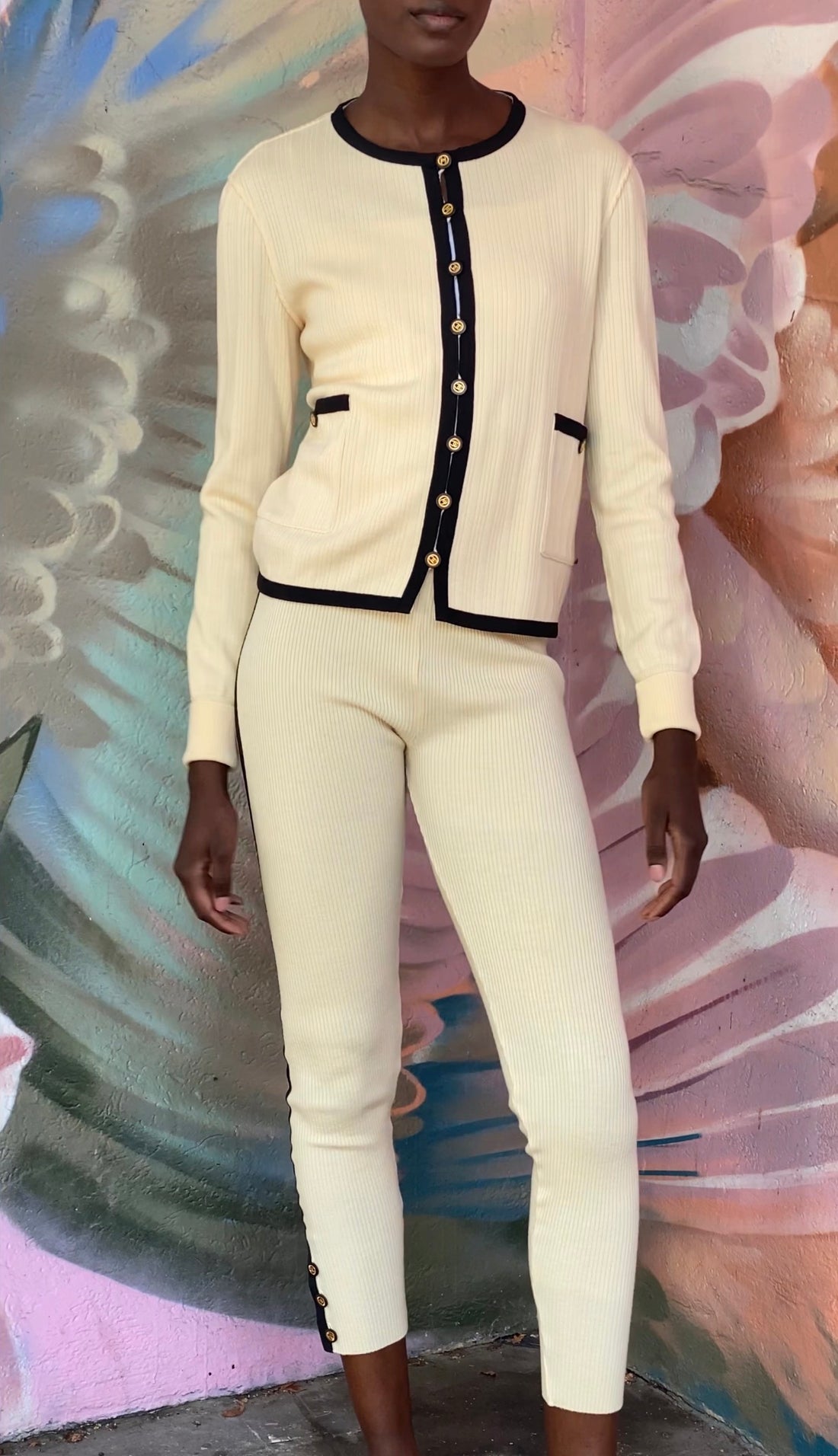 Chanel Ivory Black AW 1991 Vintage Rib Wool Knit Cardigan and Leggings Set -  40 /  M /  8